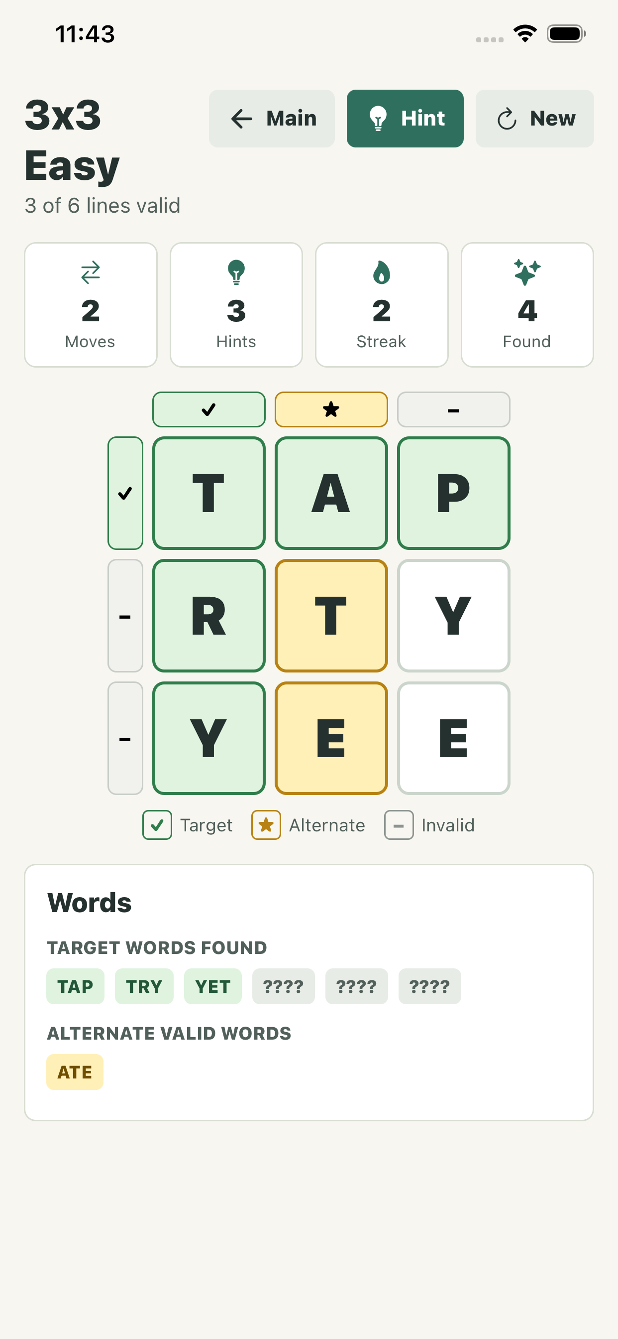 3x3 Square Word Scramble puzzle in progress