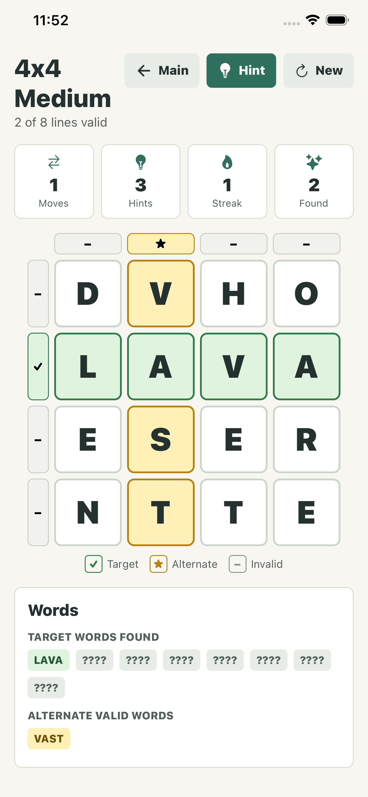 4x4 Square Word Scramble puzzle in progress